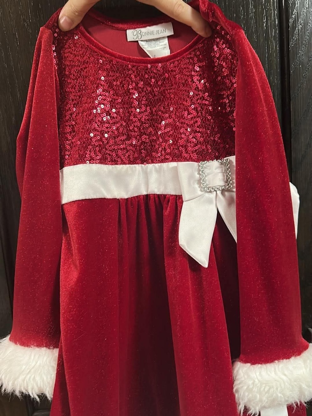 Bonnie Jean Red Velvet Sequin Holiday Dress with White Bow